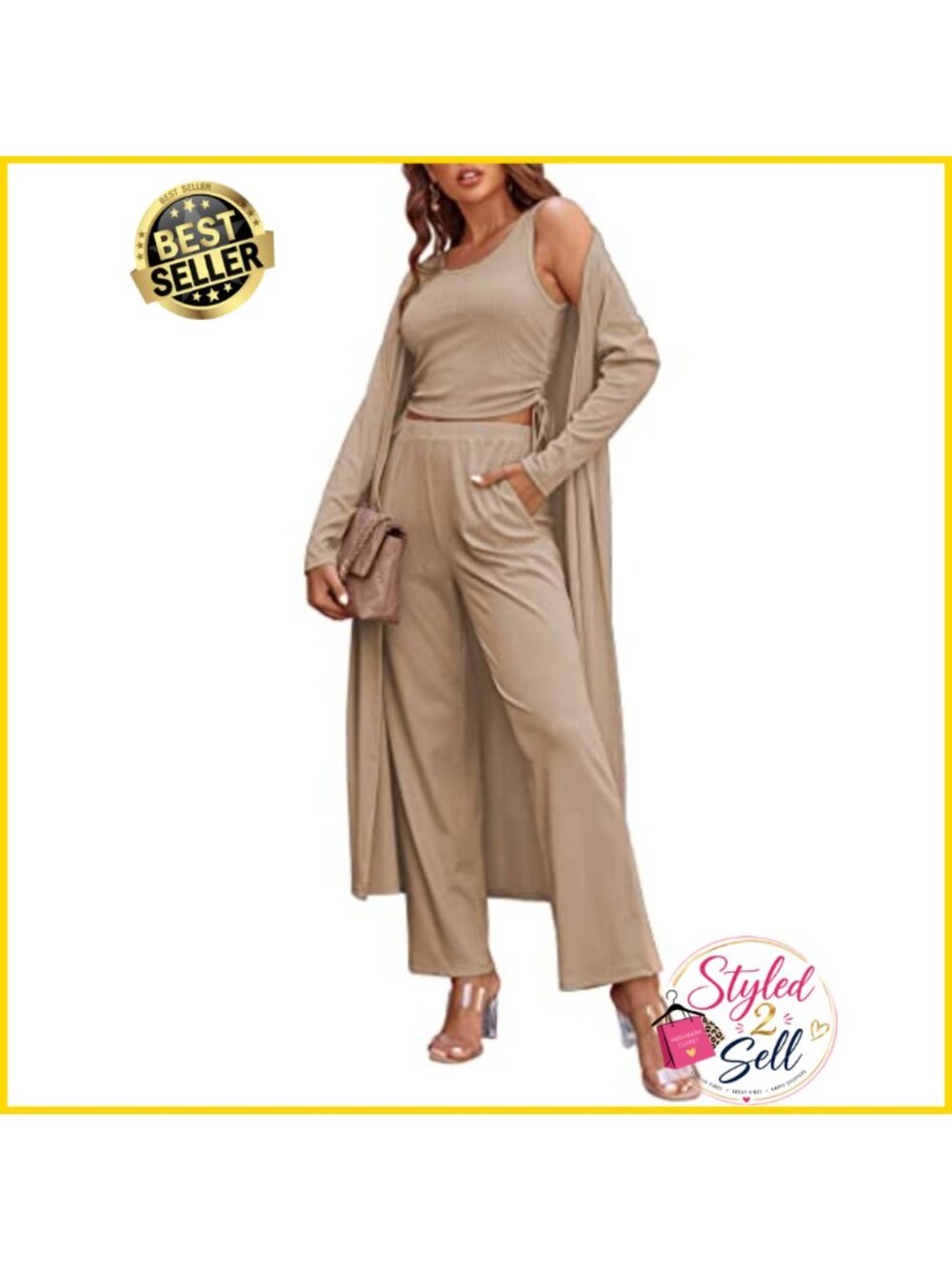 Women's 3 Piece Lounge Set Ribbed Crop Tank Cardigan Pants Pajama